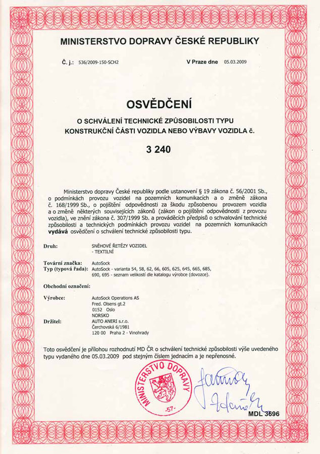 Certifikát AutoSock – ČR
