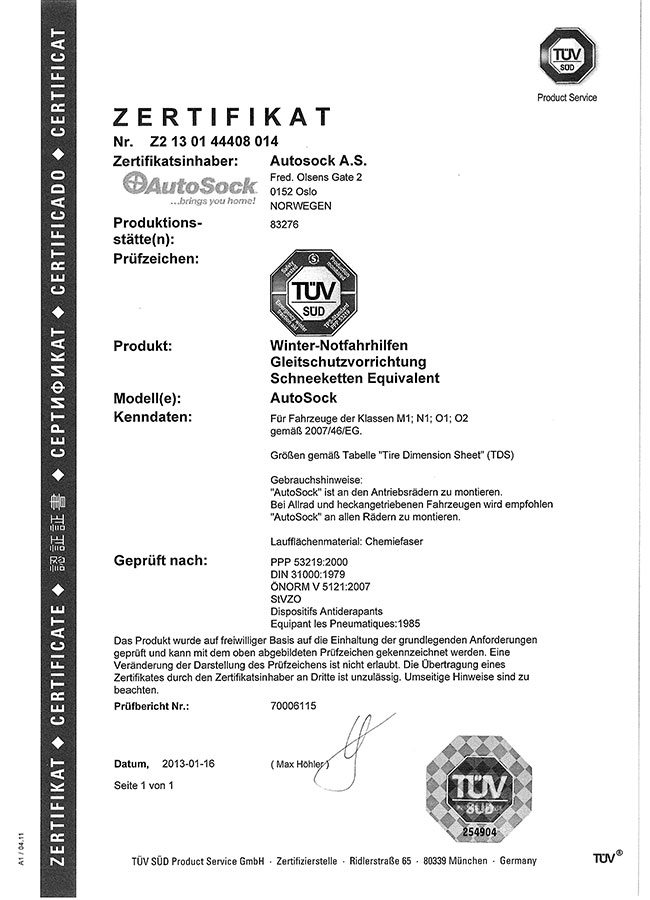 Certifikát TÜV AutoSock – osobné autá