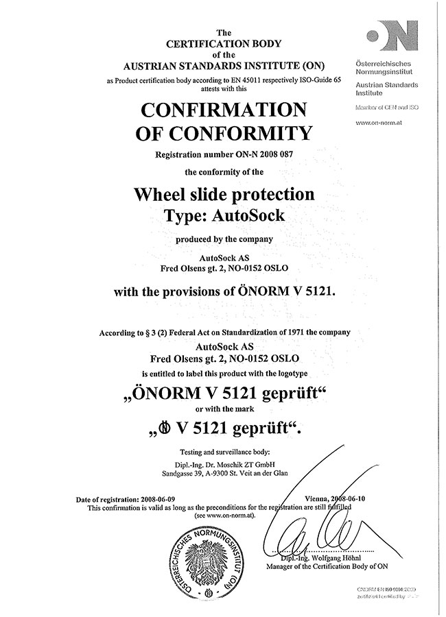 Certifikát ÖNORM AutoSock – osobní vozy